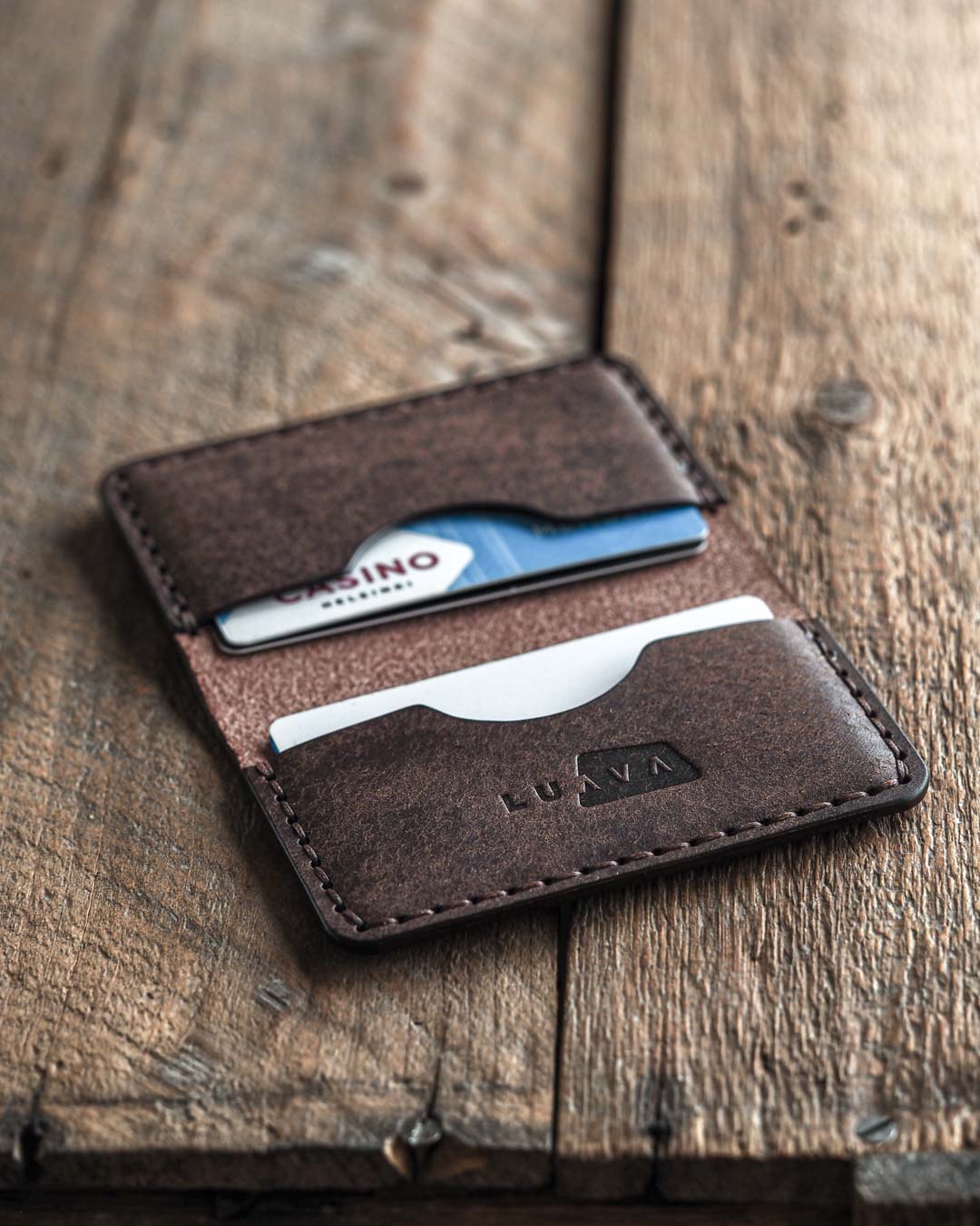 Luava handmade leather bi-fold wallet for men and women. Limited edition Fabric brown Journeyman Wallet. open inside